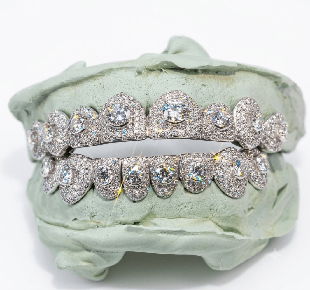 Fully iced out grillz with oversized center stones on a dental mold